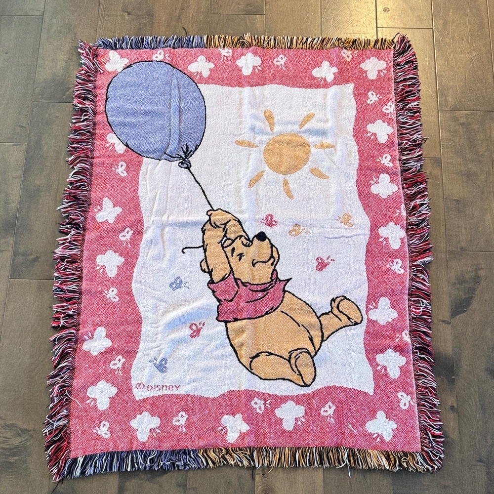 Vintage 90s Disney Winnie The Pooh Tapestry Woven Throw Blanket